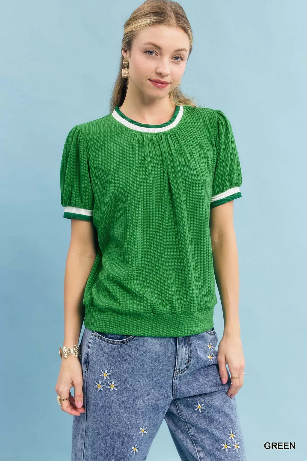 Umgee Puff Sleeve Knit Top with Contrast Rib Trim