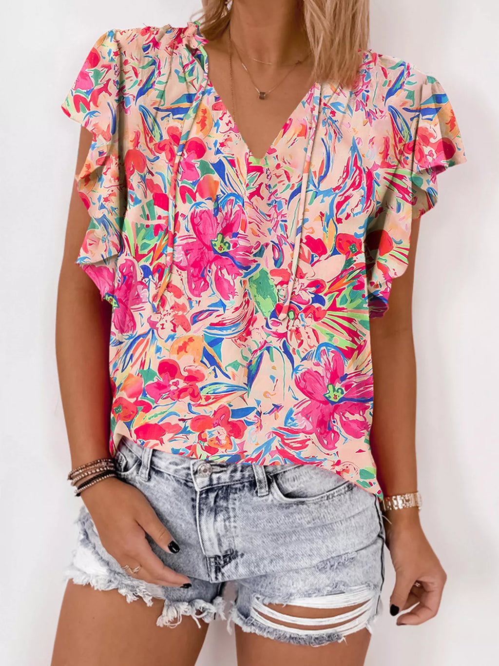 Multicolour Floral Ruffled Sleeve V Neck Summer Blouse