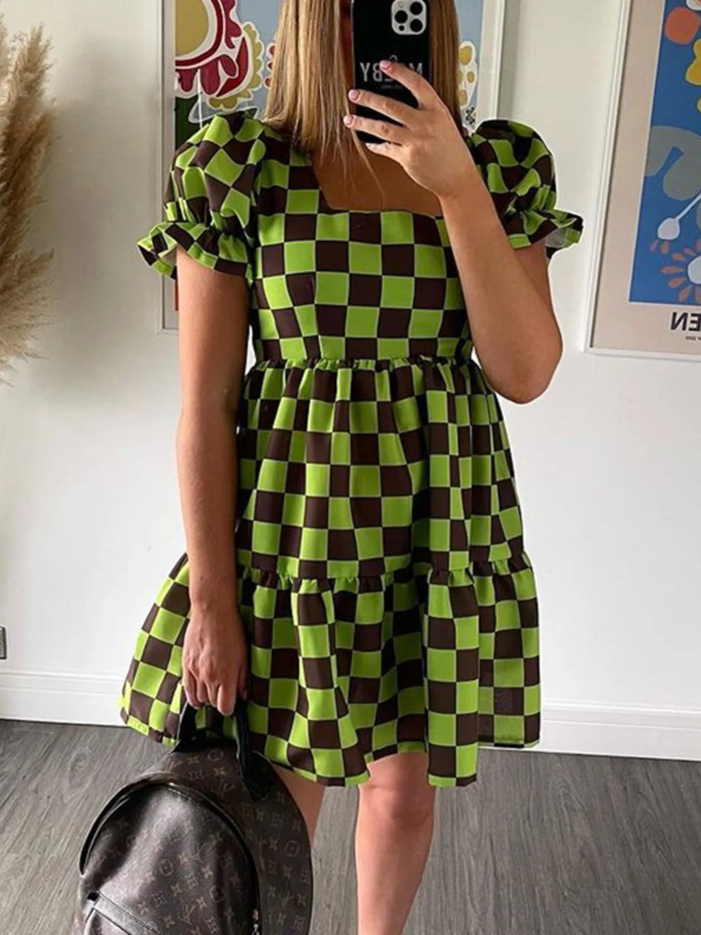 Checkered Short Sleeve Tiered Mini Dress