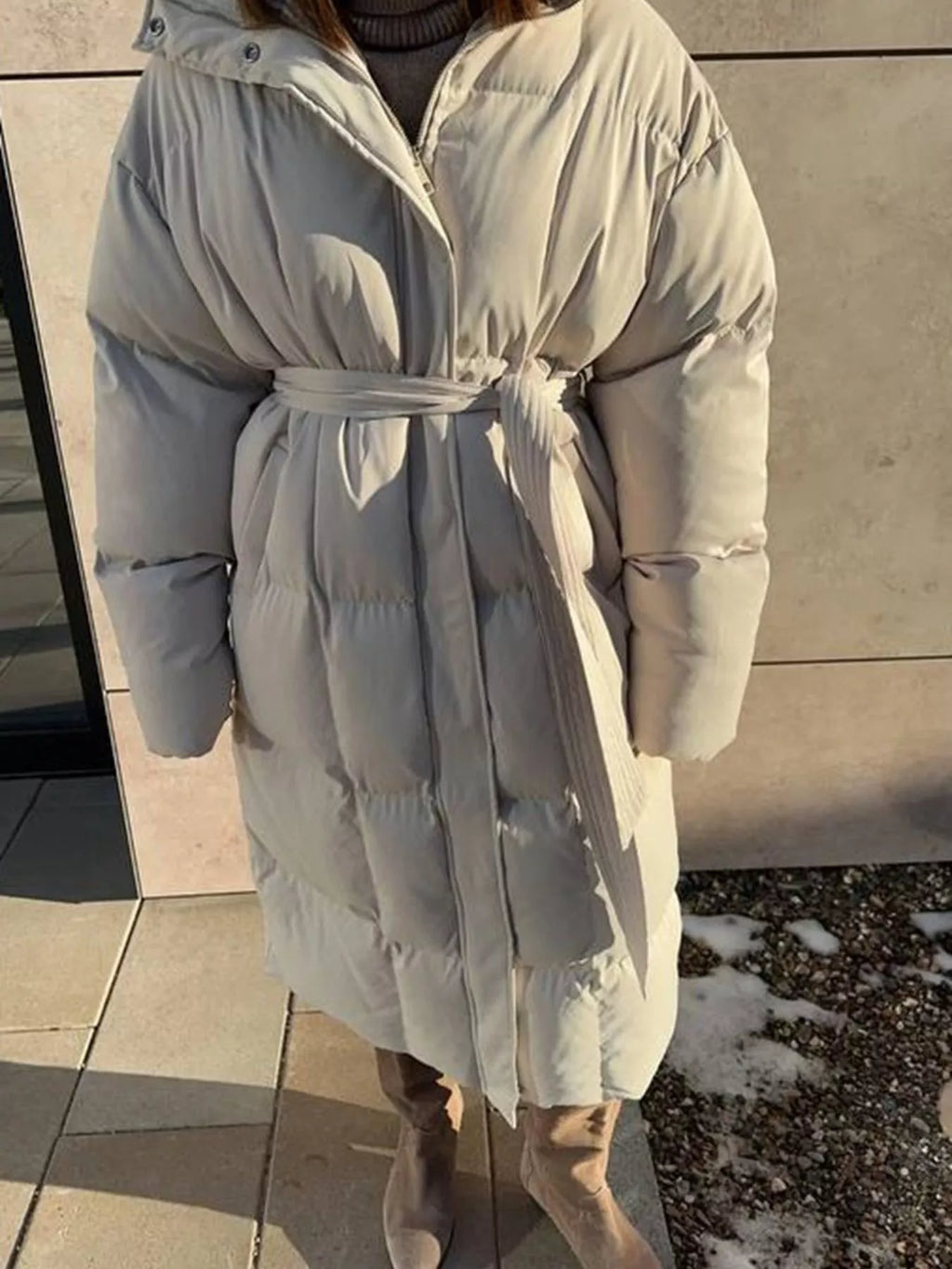 Longline Padded Winter Coat with Belted