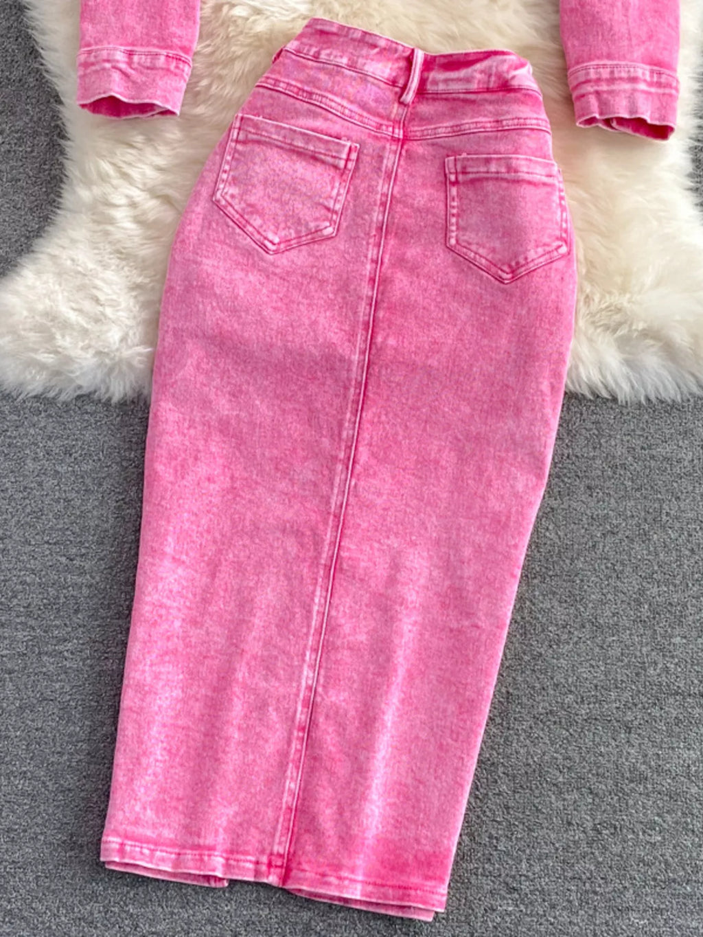 Button Up Jacket and Slit Skirt Denim Set