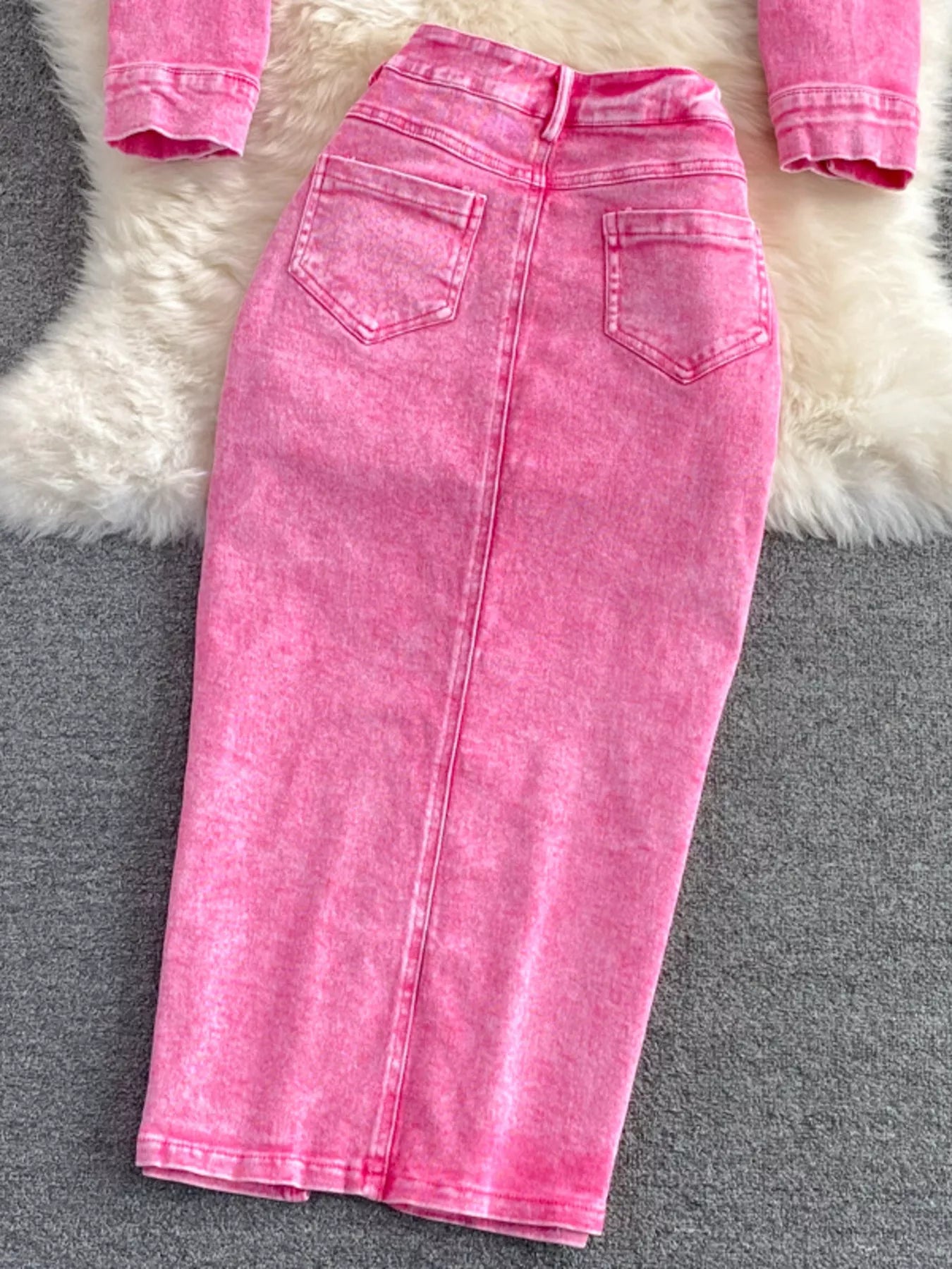 Button Up Jacket and Slit Skirt Denim Set