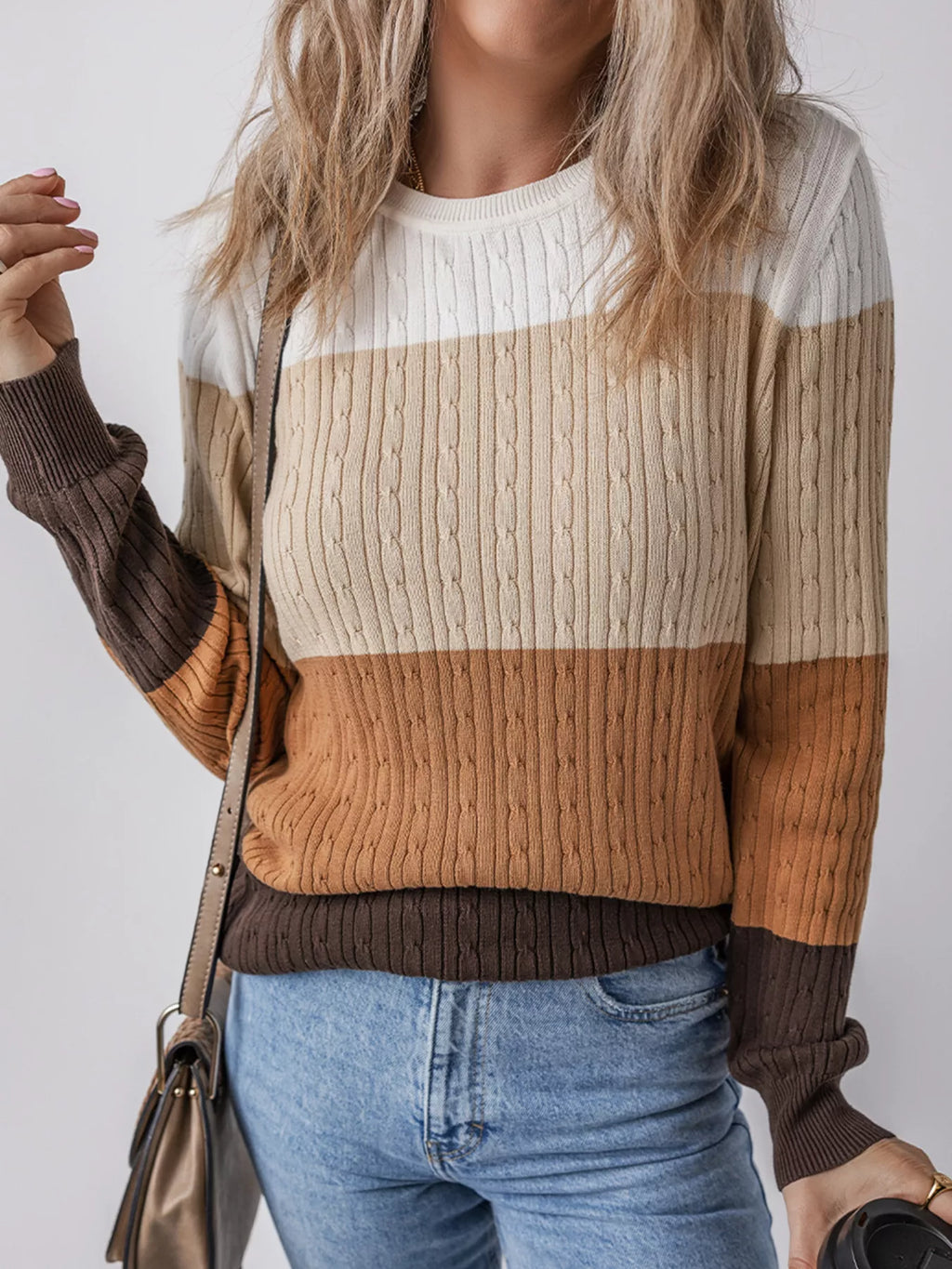 Colorblock Cable Knit Round Neck Sweater