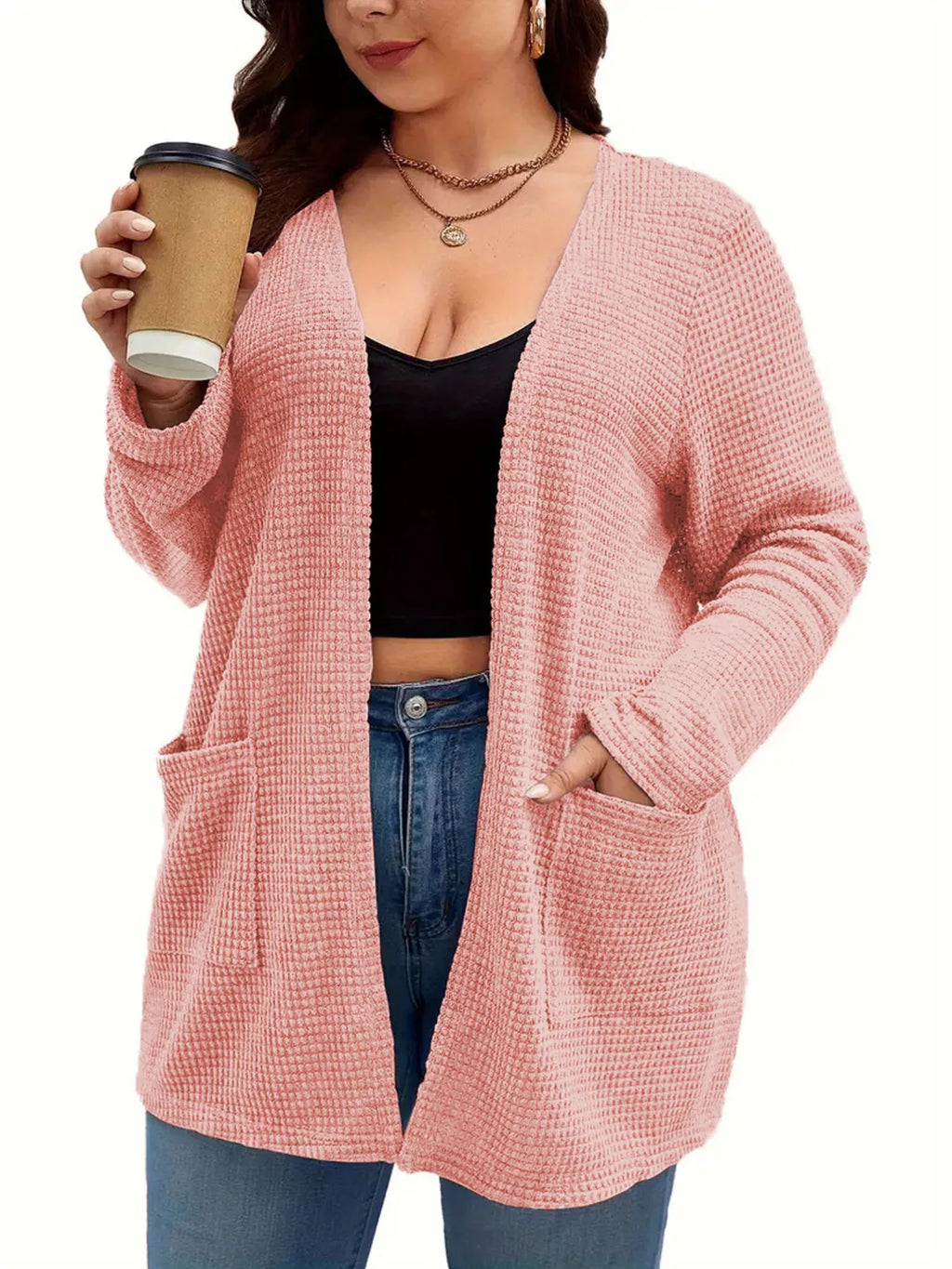 Plus Size Open Front Long Sleeve Knit Cardigan