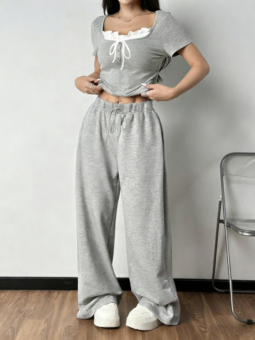 Tie Front Short Sleeve Top and Pants Set
