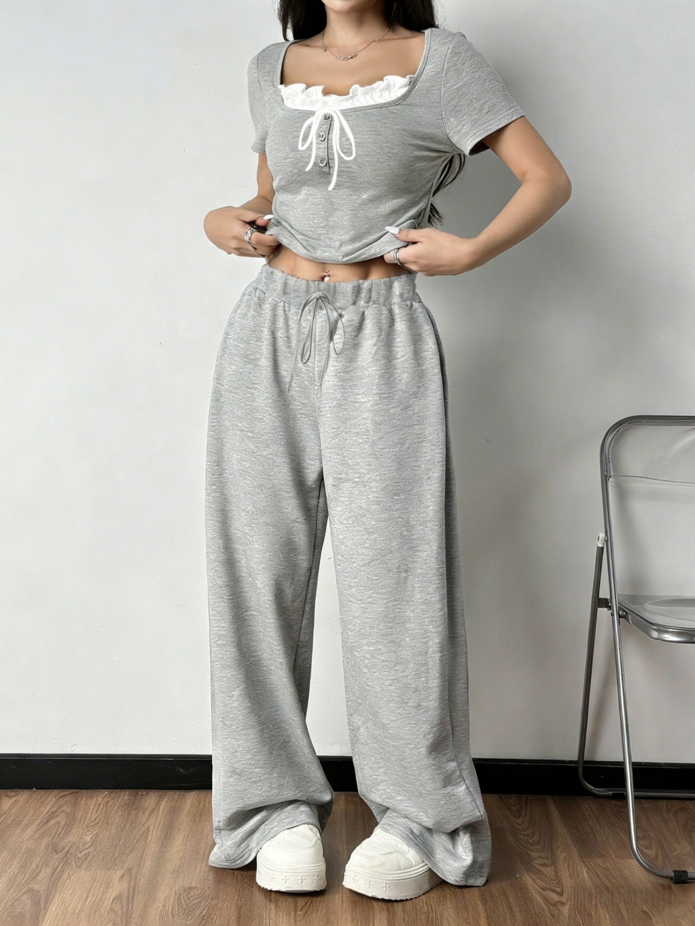 Tie Front Short Sleeve Top and Pants Set