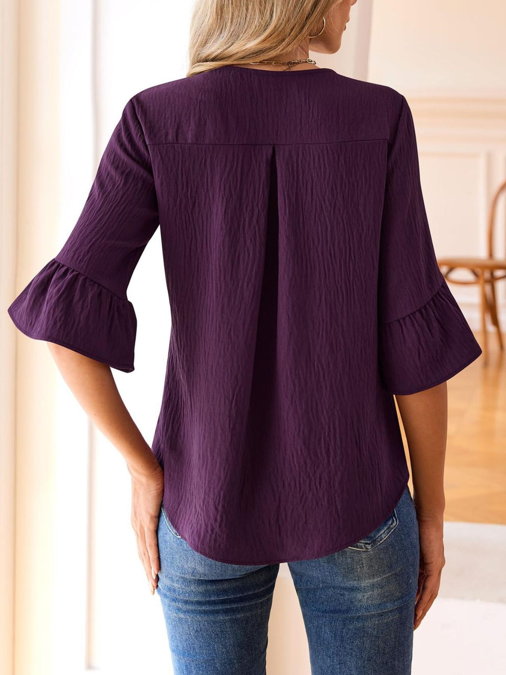 Ruffle V-Neck Flounce Sleeve Blouse