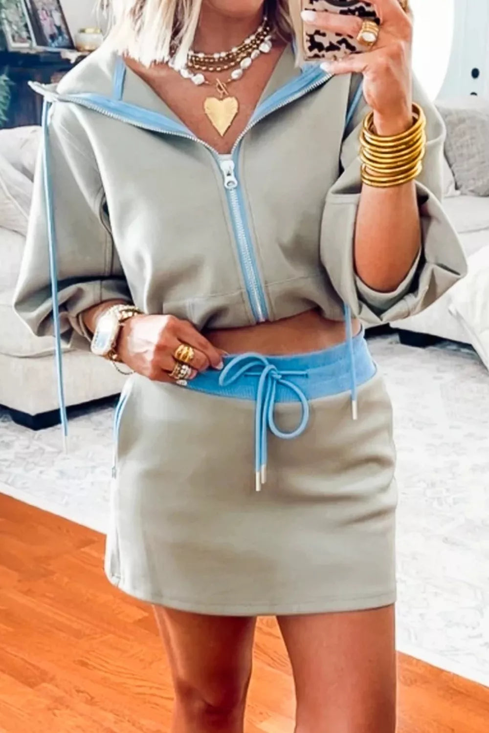 Zip Up Outerwear and Skirt Set