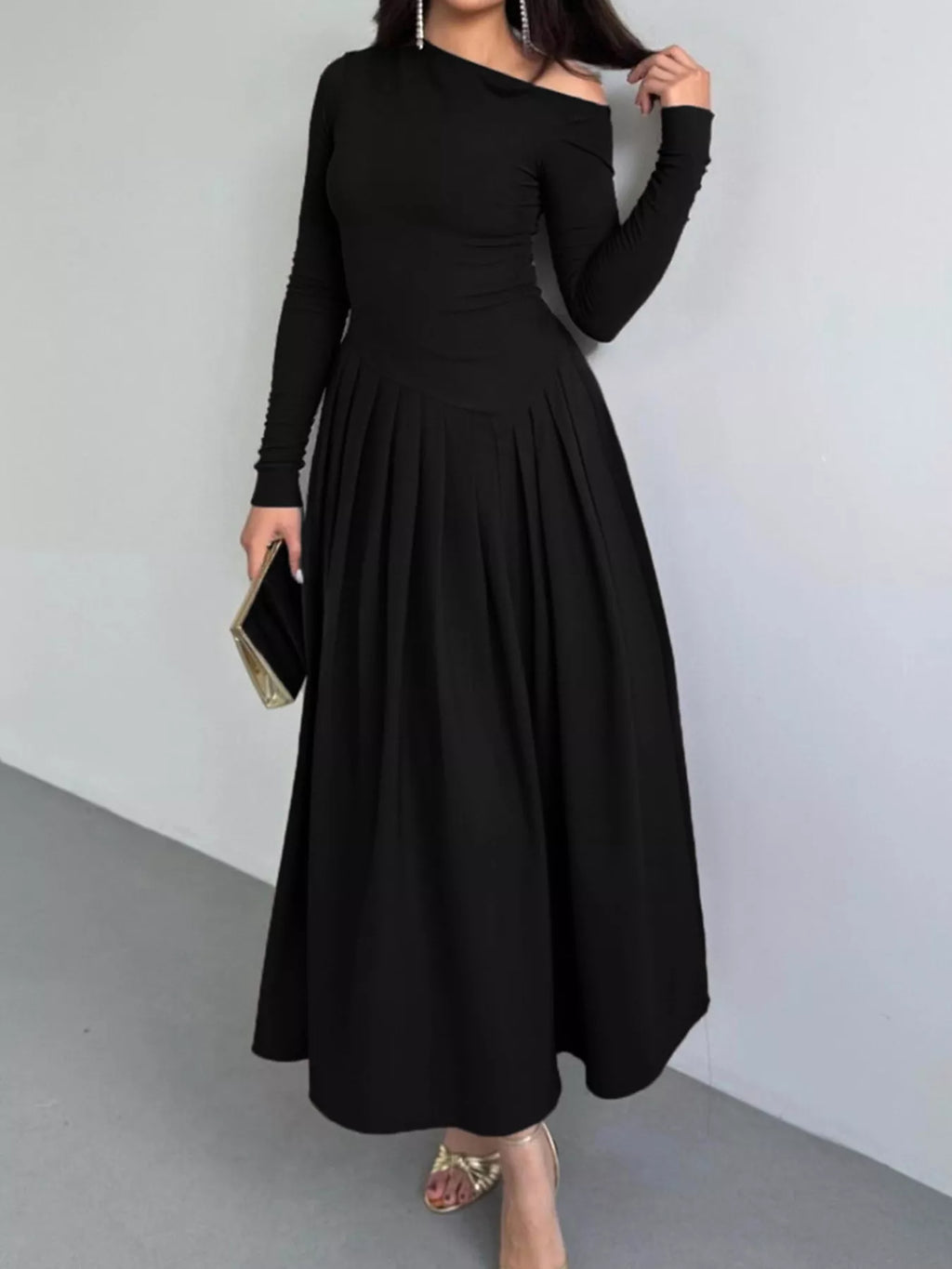 Ruched One Shoulder Long Sleeve Dress