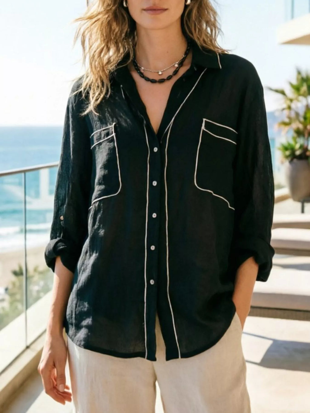 Contrast Trim Button Up Long Sleeve Shirt