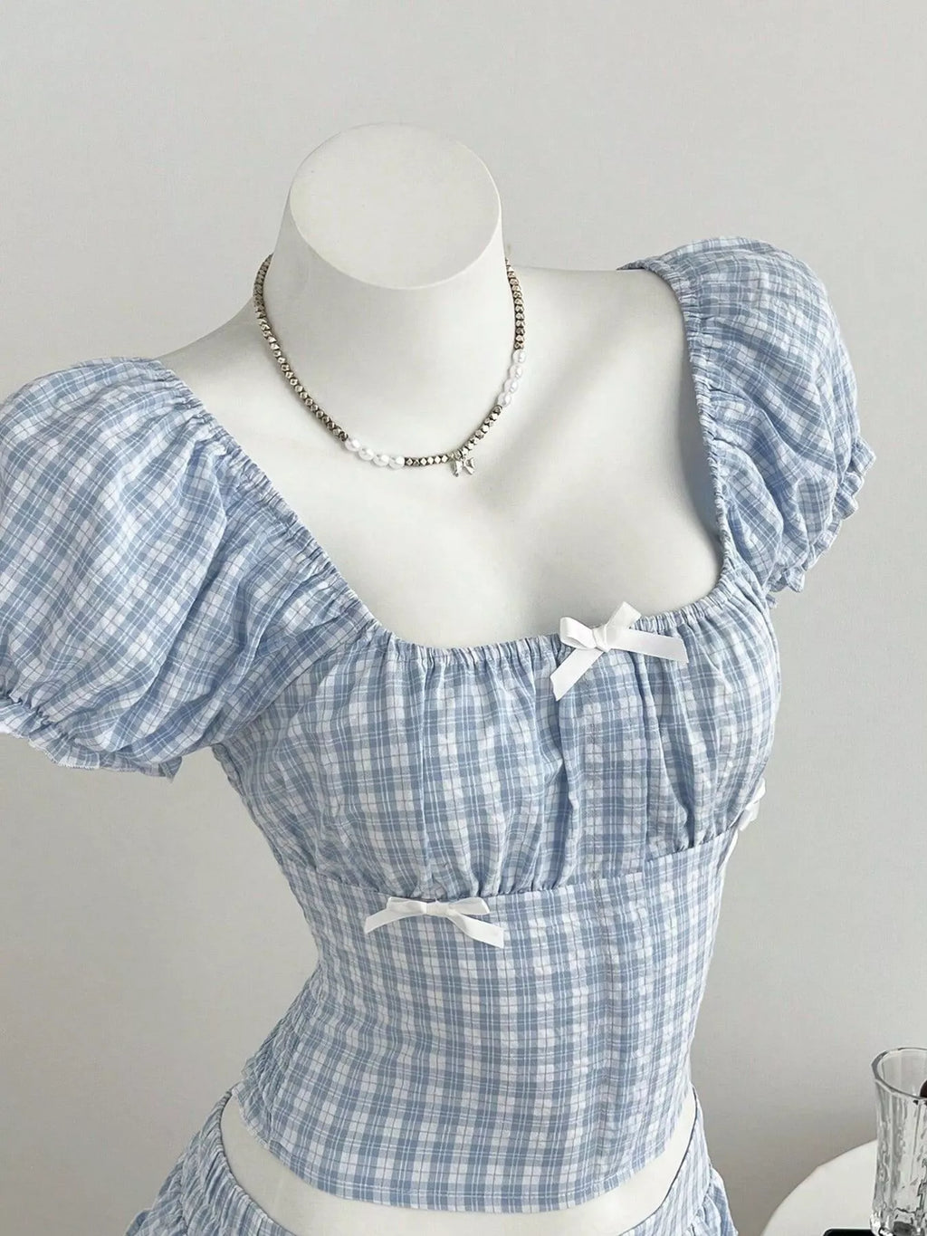 Plaid Puff Sleeve Blouse and Skirt Set