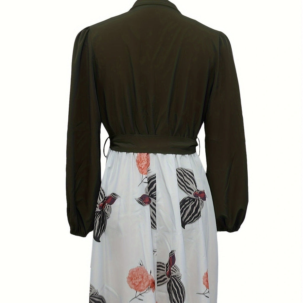 Ladies' Fashion Printed V-neck Waist Strap Casual Dress