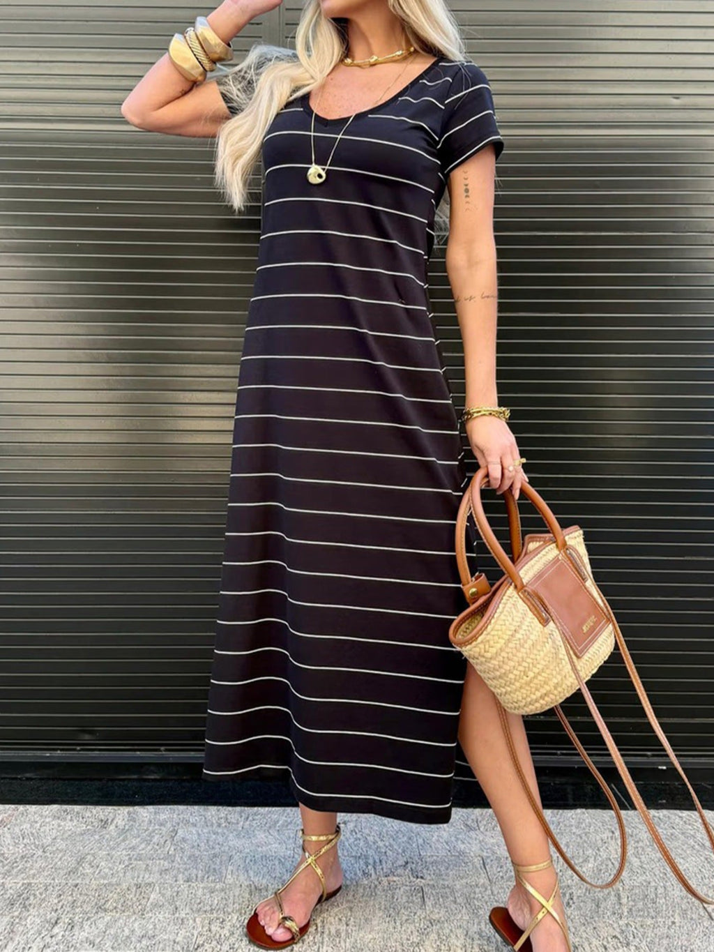 Slit Casual Striped Midi T-Shirt Dress
