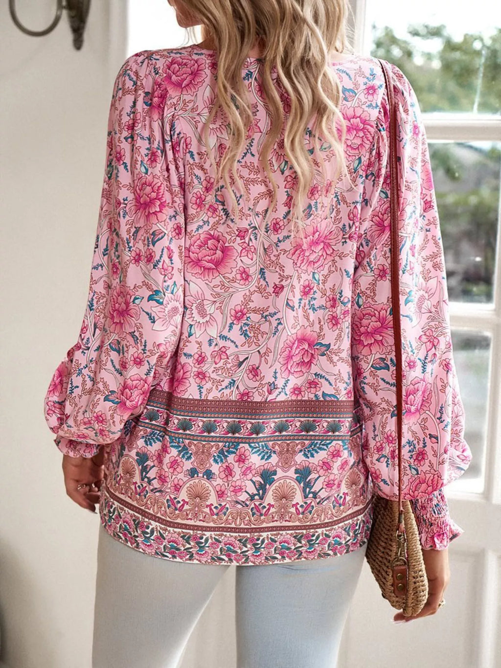 Floral Print Tie Neck Bohemian Blouse