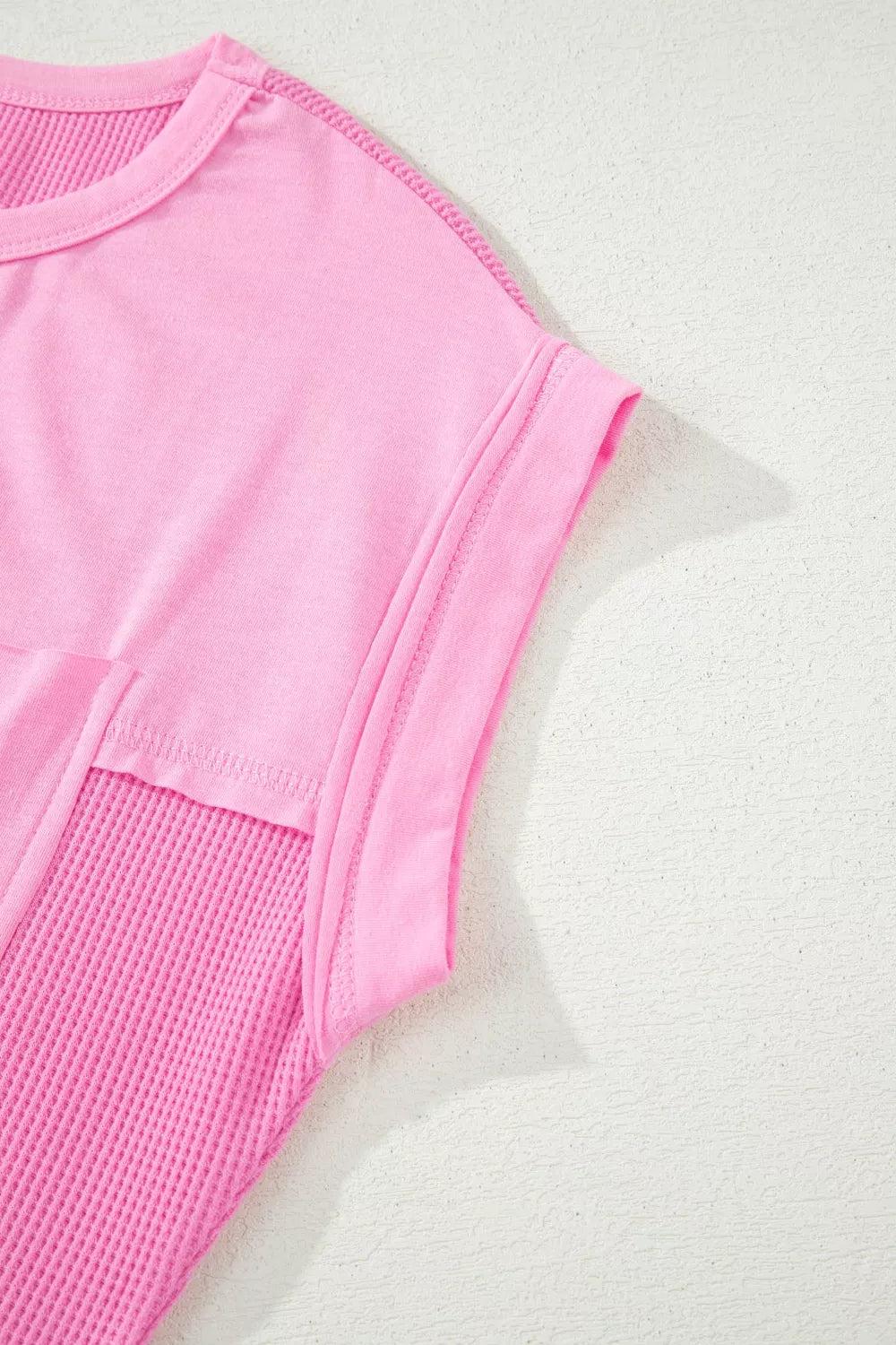 Solid Color Raw Seam Waffled Patchwork Casual T Shirt