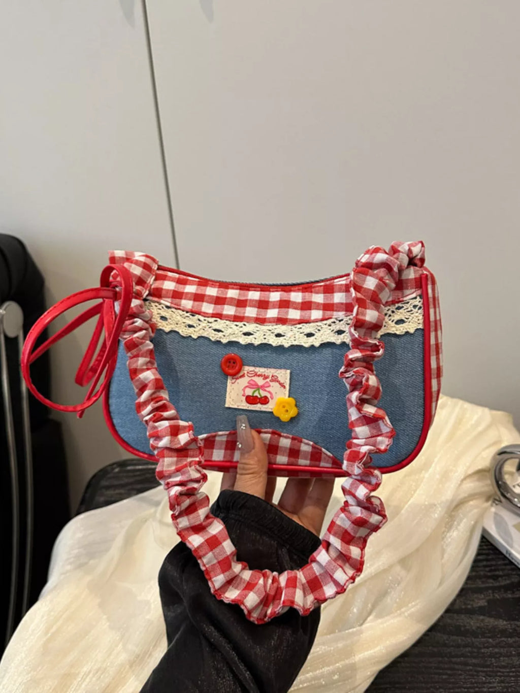 Cherry Plaid Strap Crossbody Bag