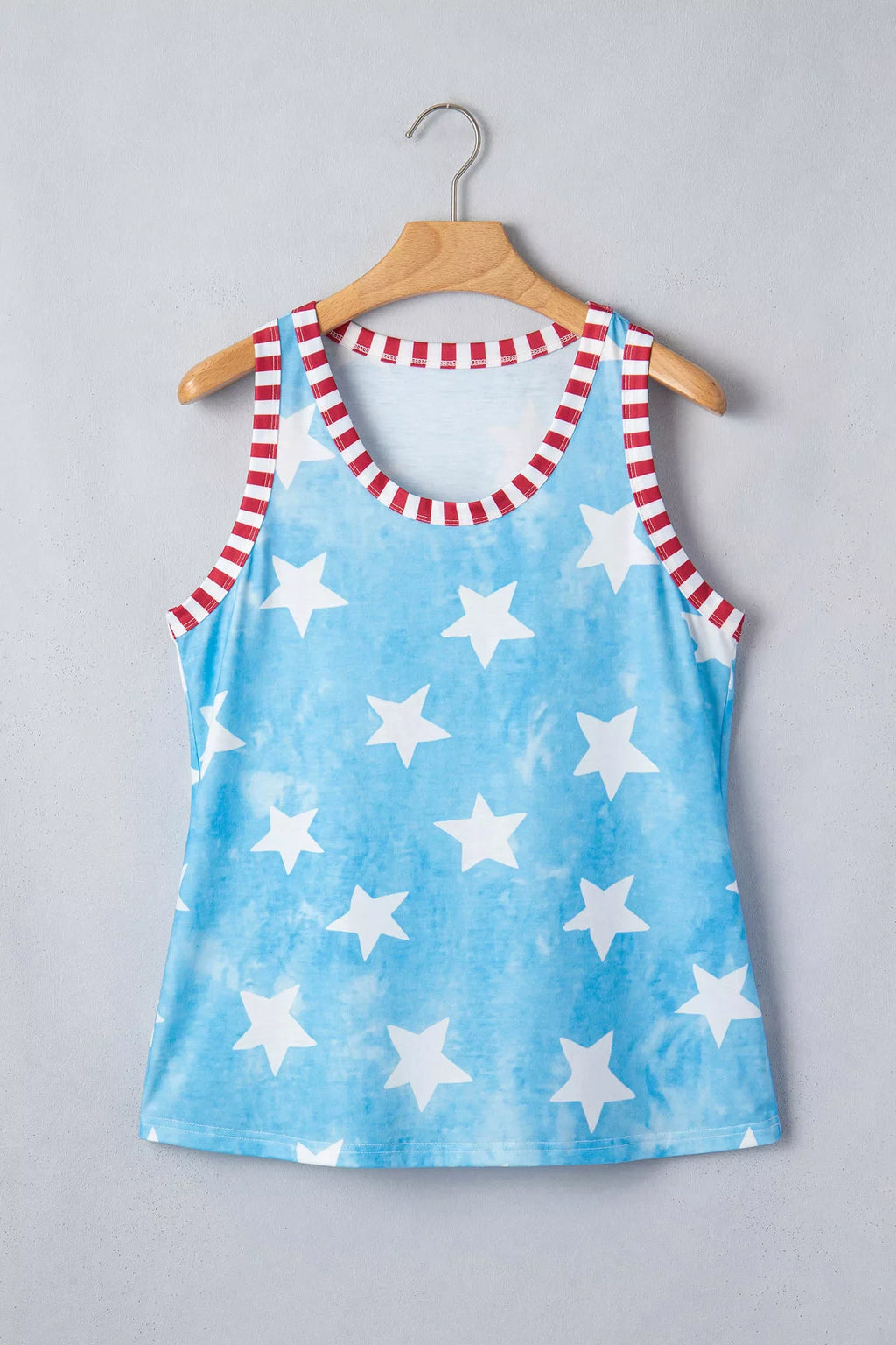Tie Dye Star Print Striped Trim Round Neck Casual Tank Top