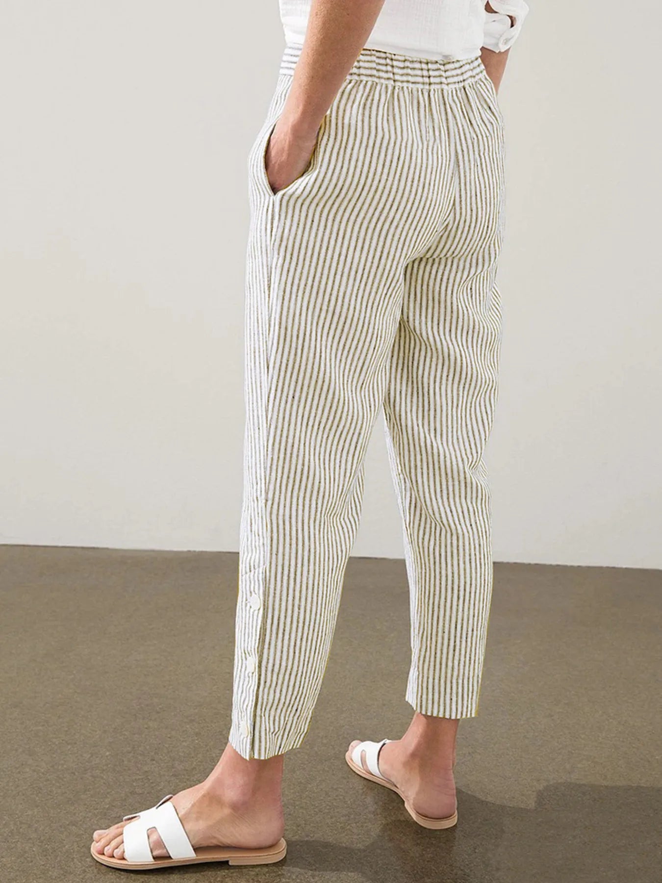 Full Size Striped Side Button Detail Pants Plus Size