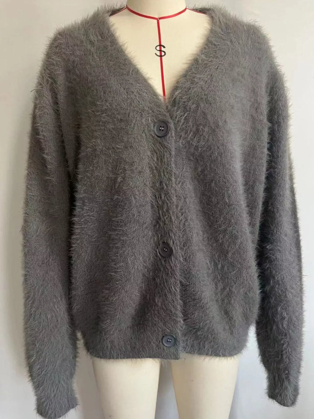 V Neck Button Down Fuzzy Knit Mohair Cardigan