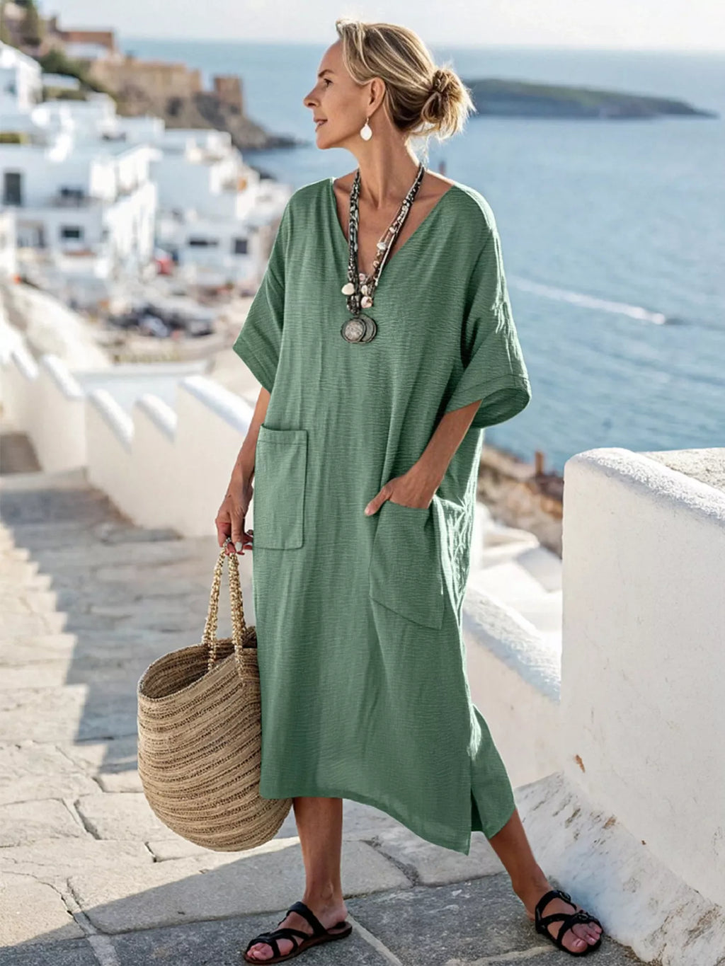 Plus Size V-Neck Half Sleeve Dress