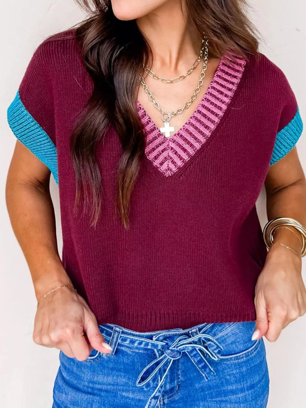 Contrast Trim V-Neck Sweater Vest