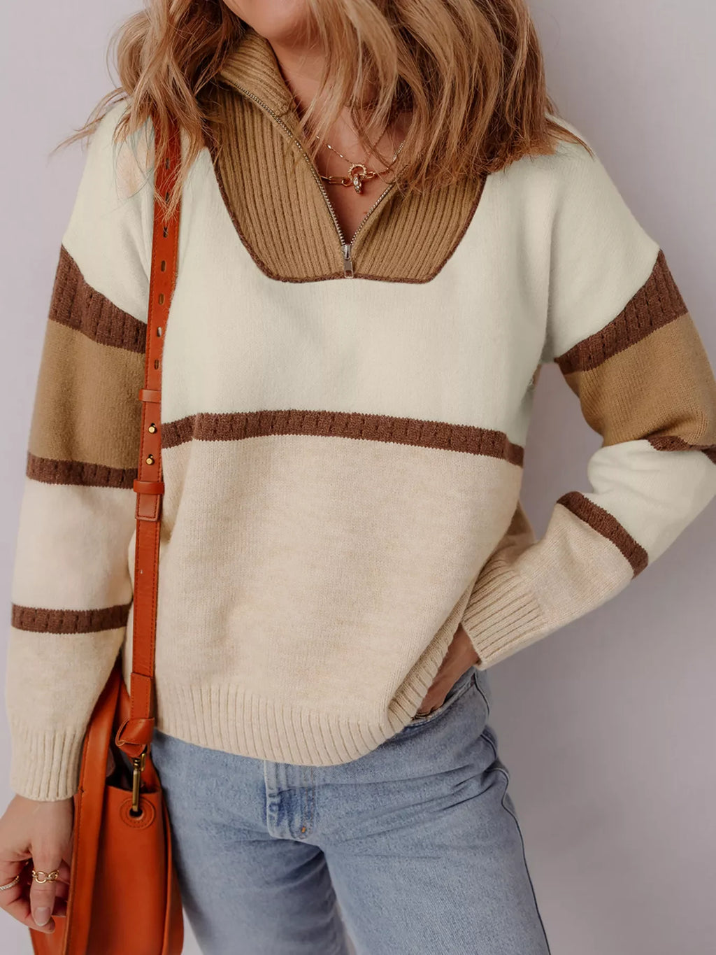 Color Block Zipped Collared Sweater