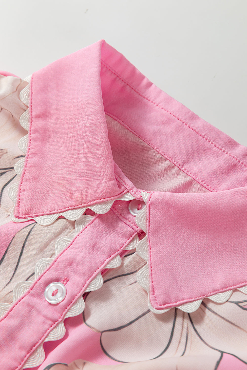 Floral Ricrac Trim Puff Sleeve Buttoned Shirt