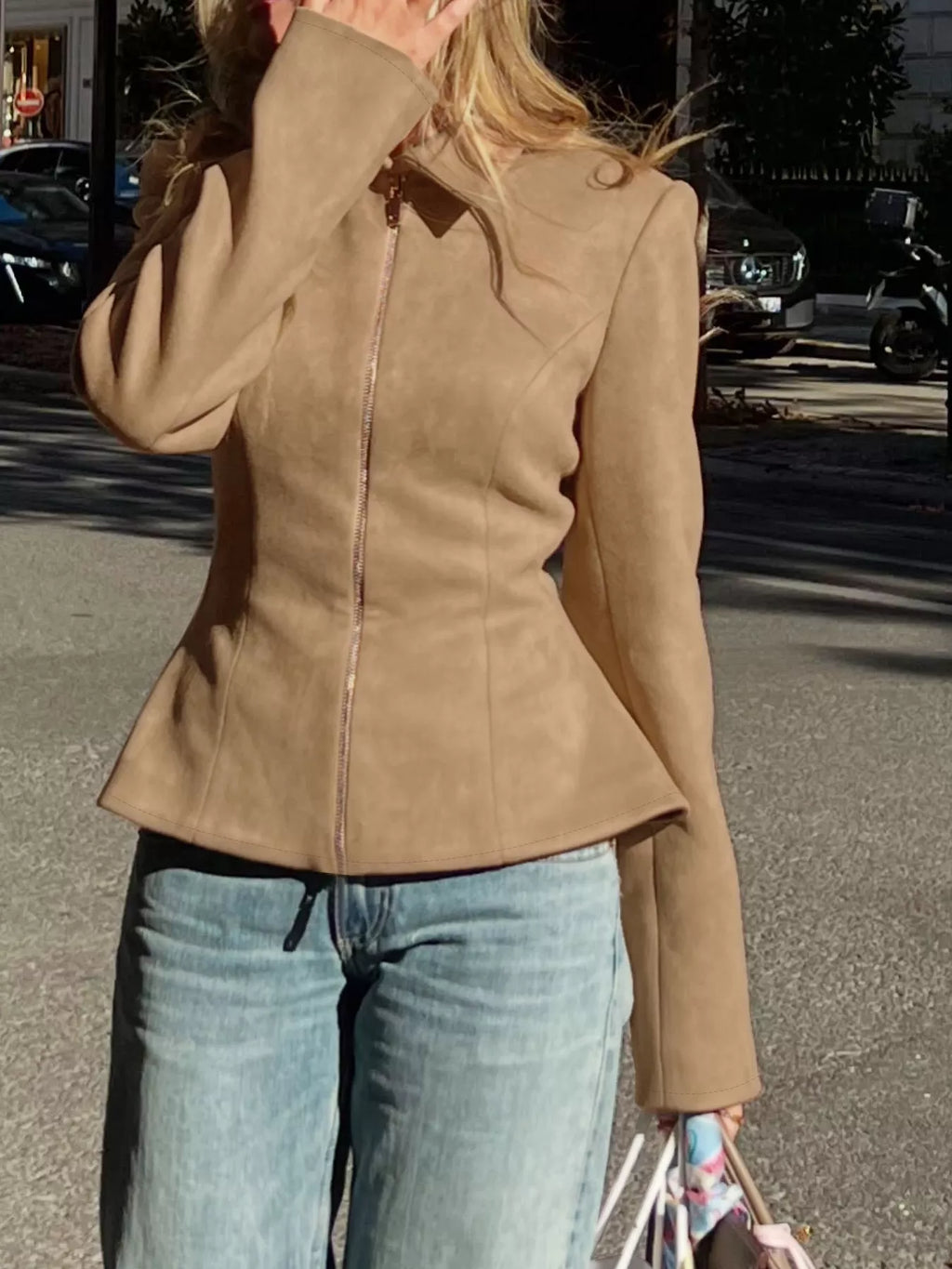Suede Zip-Up Fitted Jacket