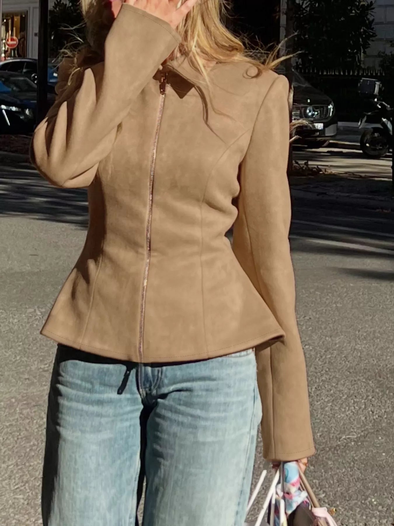 Suede Zip-Up Fitted Jacket