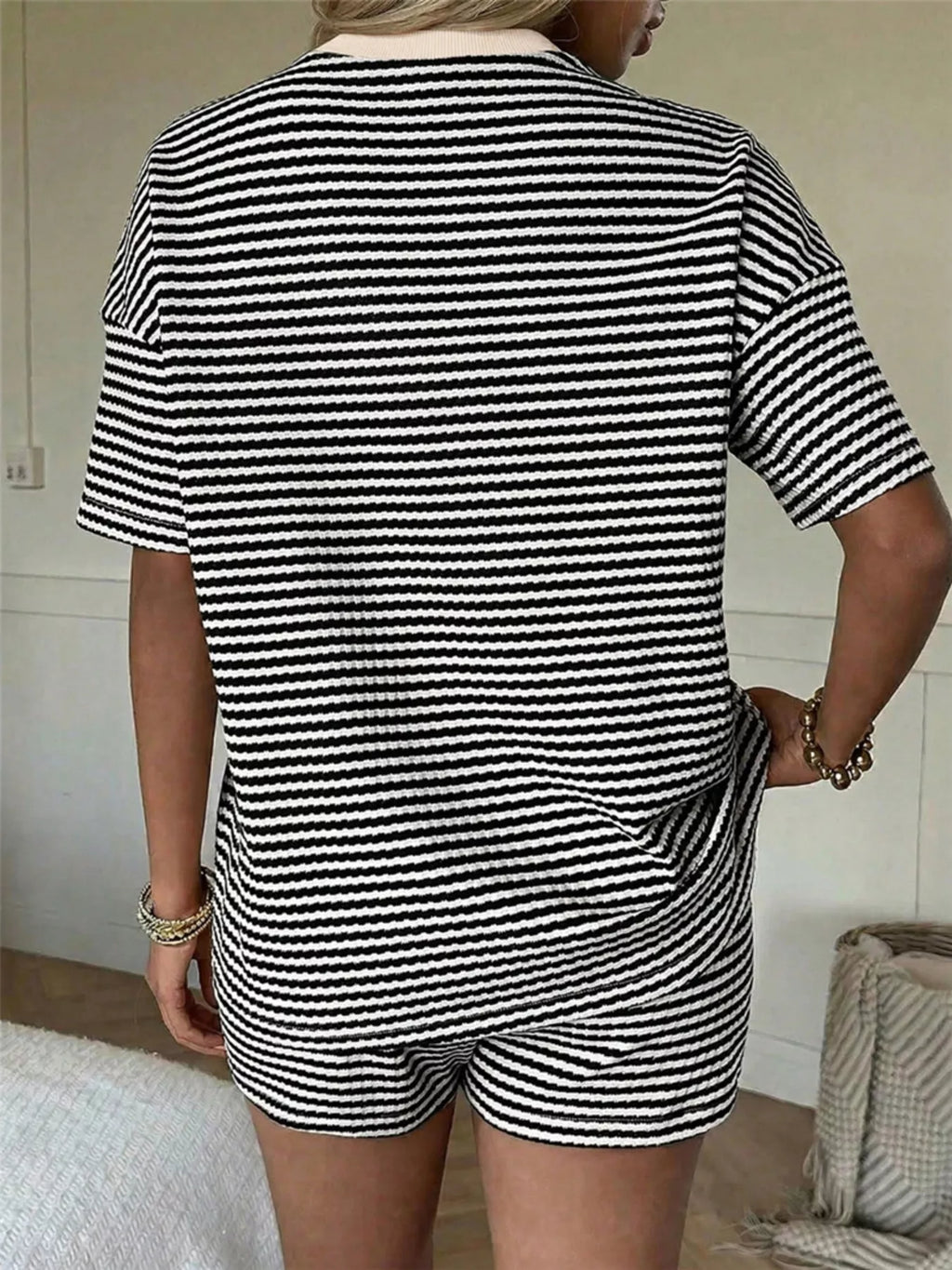 Striped Round Neck Tee and Shorts Set