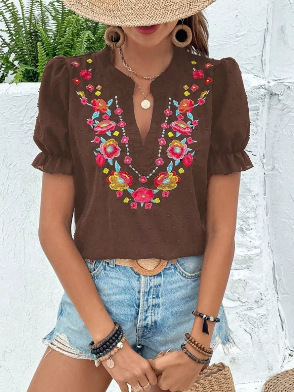 Floral Embroidered Puff Sleeve Blouse
