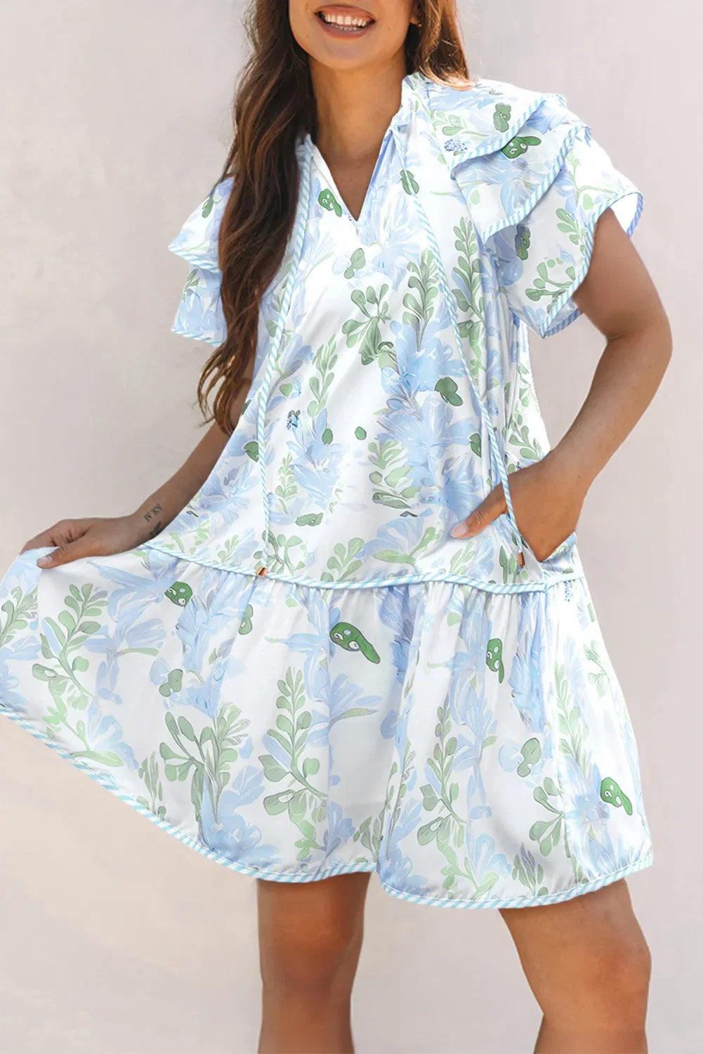 Floral Contrast Edge Layered Short Sleeve Mini Dress