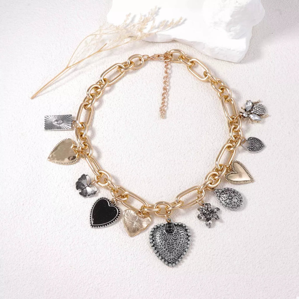 18K Gold-Plated Alloy Heart Charm Chain Statement Necklace