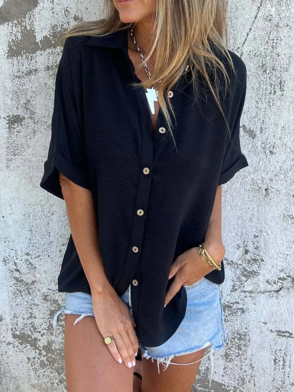 Full Size Collared Neck Half Sleeve Shirt Plus Size