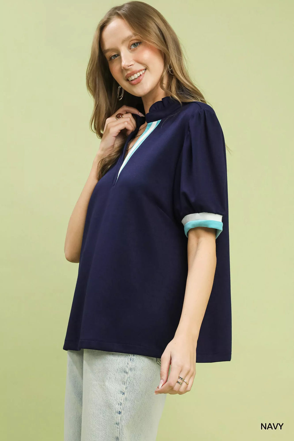 Umgee Luxe knit Contrast Trim Puff Sleeve Top