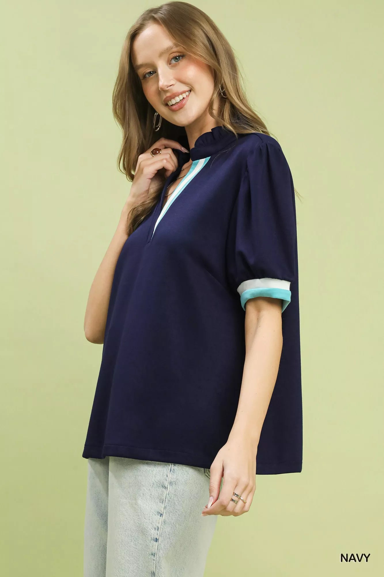 Umgee Luxe knit Contrast Trim Puff Sleeve Top