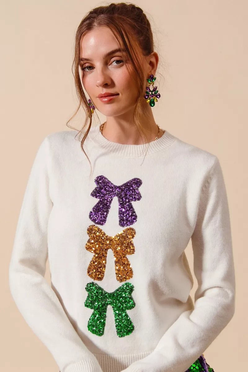 SO ME Mardi Gras Sequins Bow Ribbon Embellished Sweater