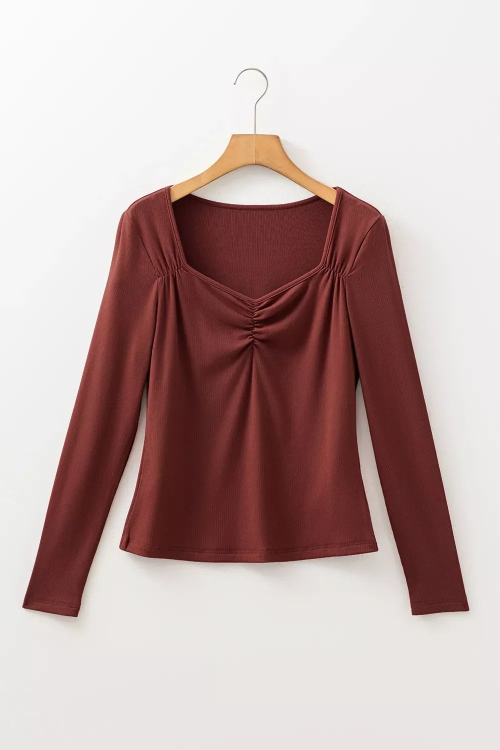 Gathered Bust Square Neck Ribbed Fit Long Sleeve Top
