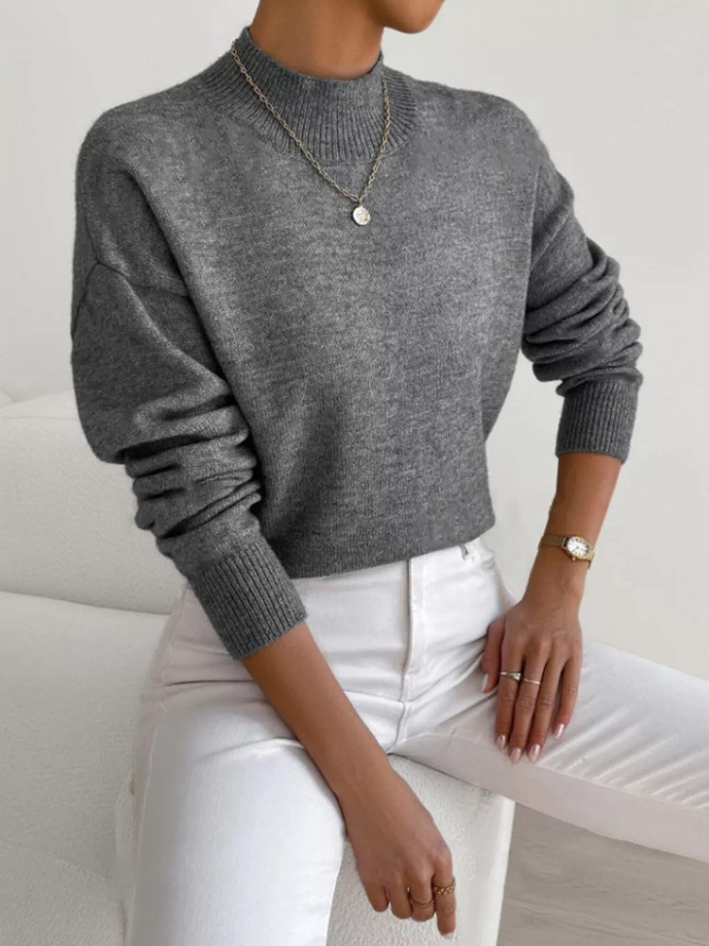 Mock Neck Dropped Shoulder Sweater