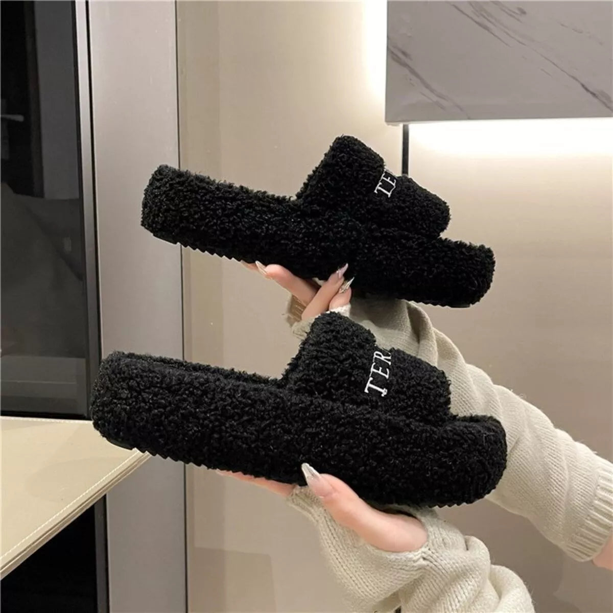Fuzzy Plush Open Toe Slippers