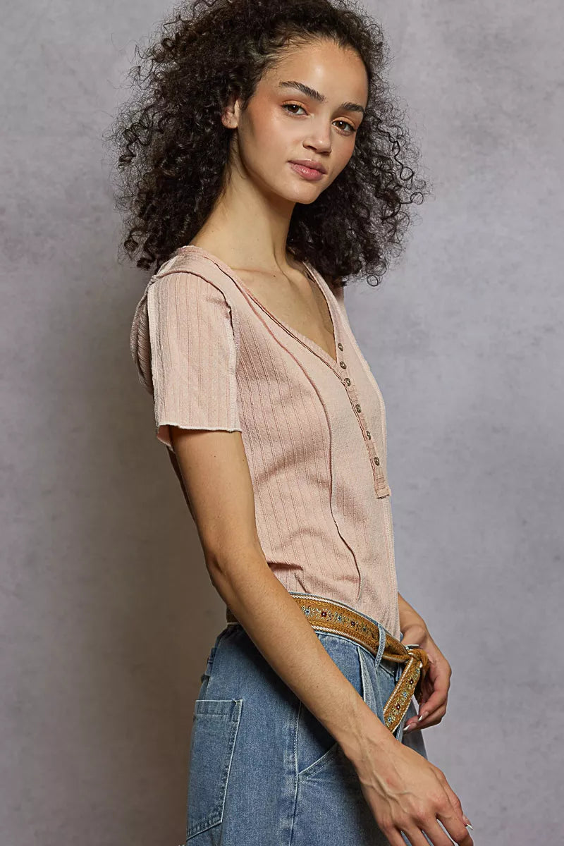 POL V-Neck Short Sleeve Top with Stitch Seam Detail