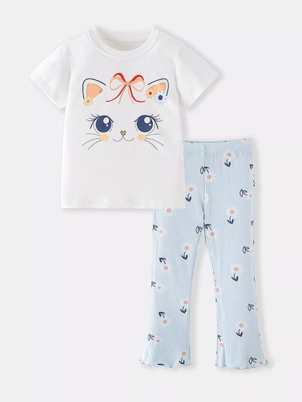 Children's Cat Graphic Tee & Floral Pants Set