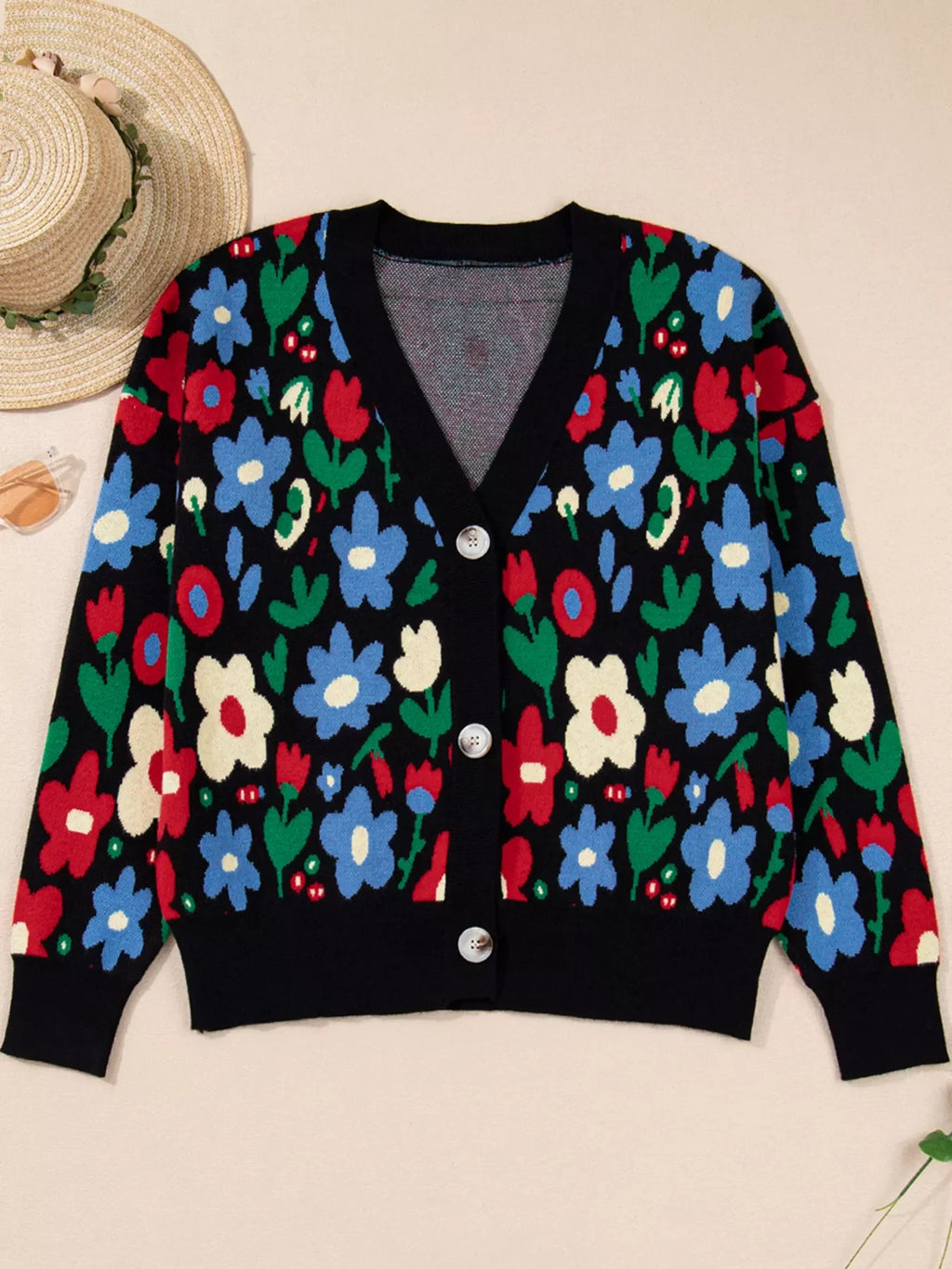 Floral Print V Neck Buttoned Cardigan