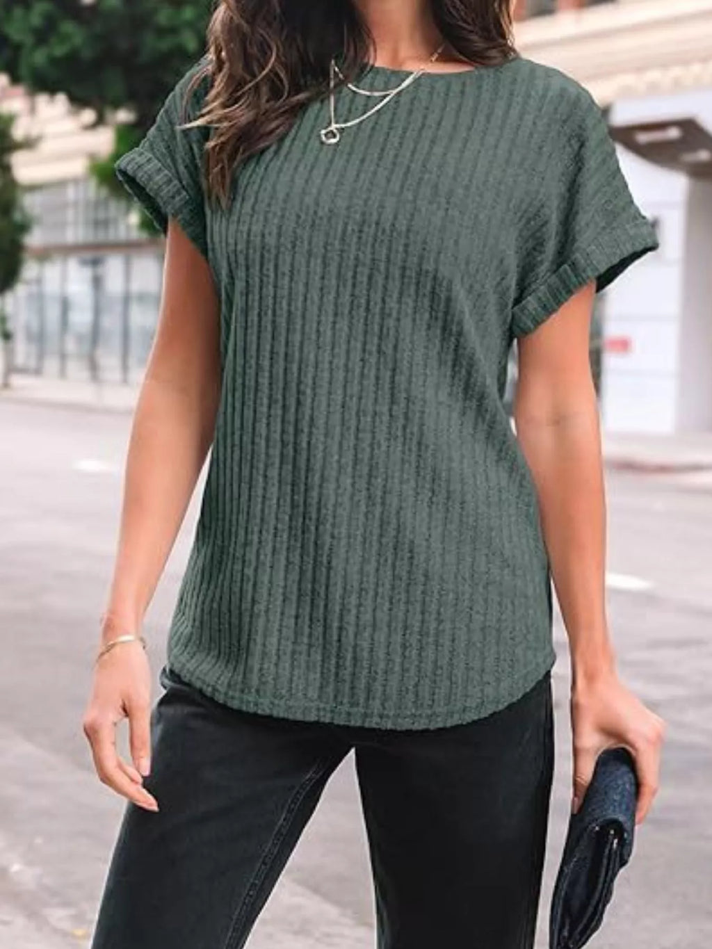 Casual Ribbed Knit Short Sleeve T-Shirt