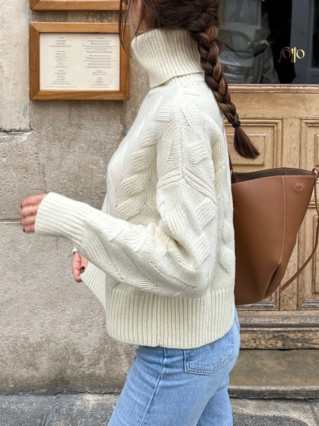 Ribbed Hem Turtleneck Long Sleeve Sweater