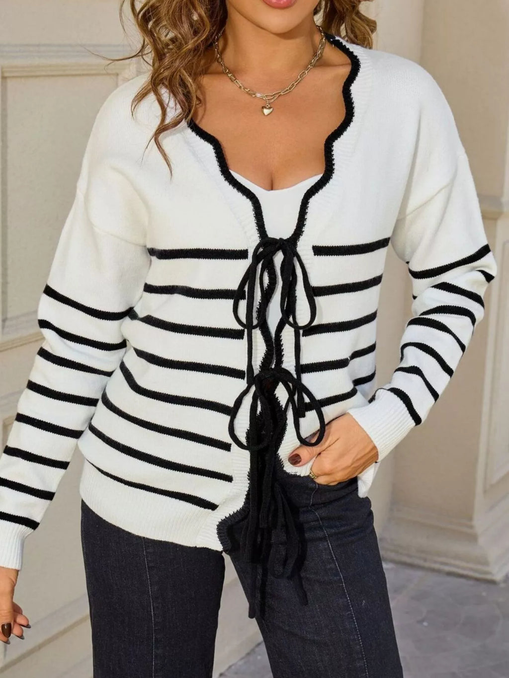 Striped Tie Front Knit Cardigan