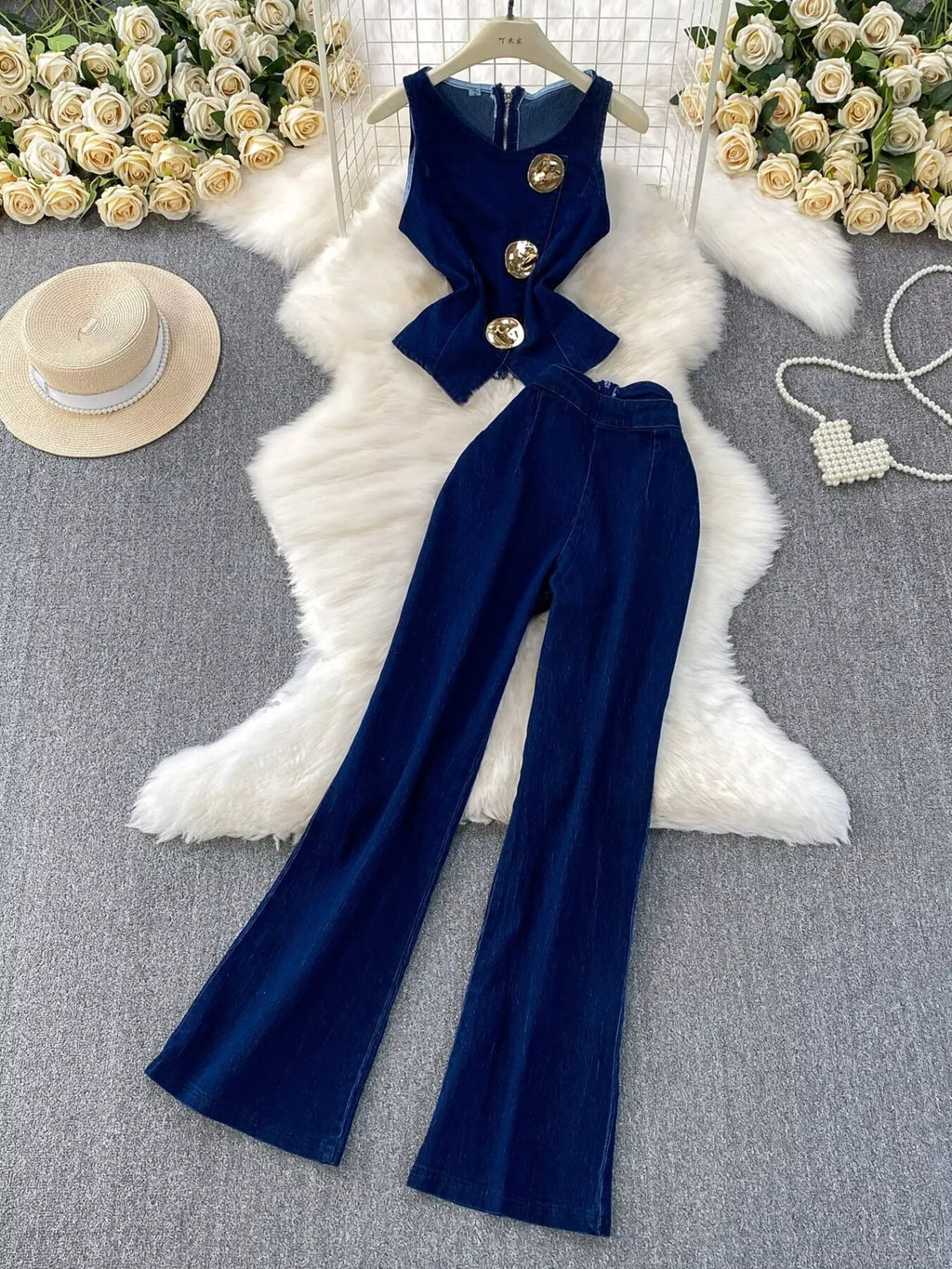 Button Detail Vest and Flare Jeans Denim Set