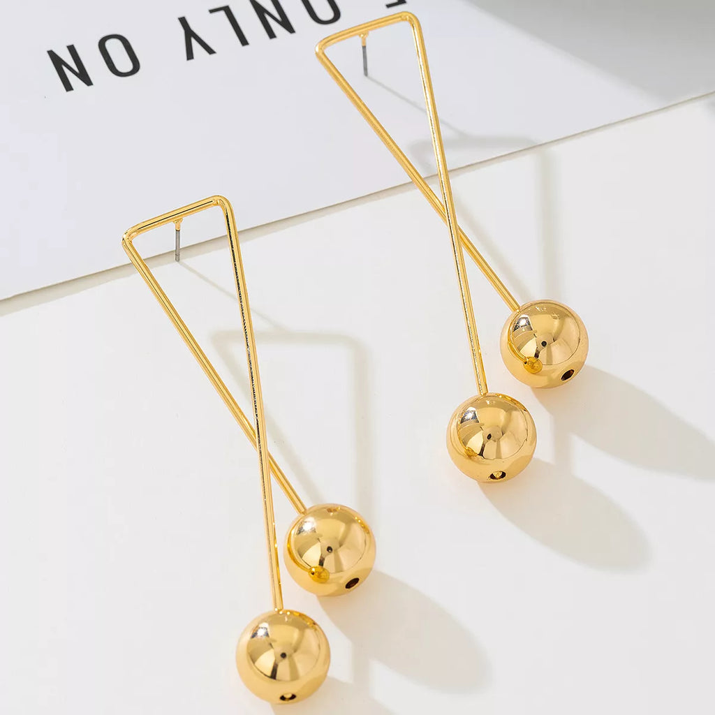 Modern Geometric Triangle Gold Ball Drop Earrings
