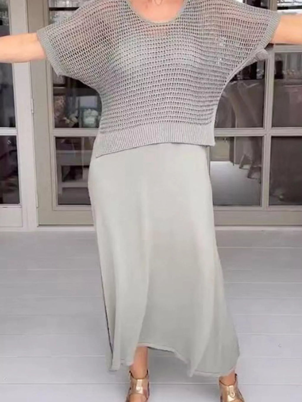 Full Size Openwork Knit Cover Up and Dress Set Plus Size