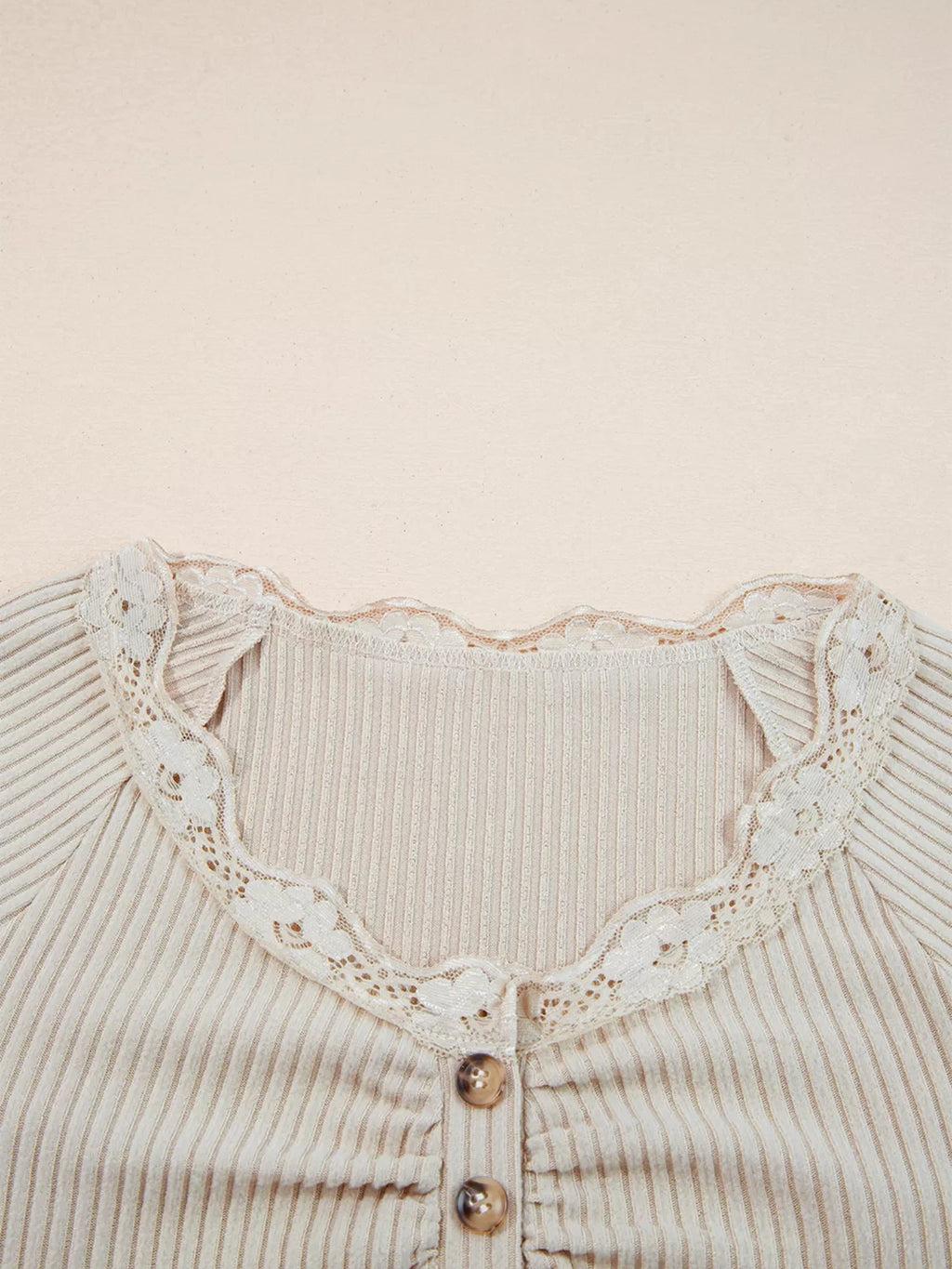 Lace Neckline Button Decor Lettuce Edge Long Sleeve Ribbed Top